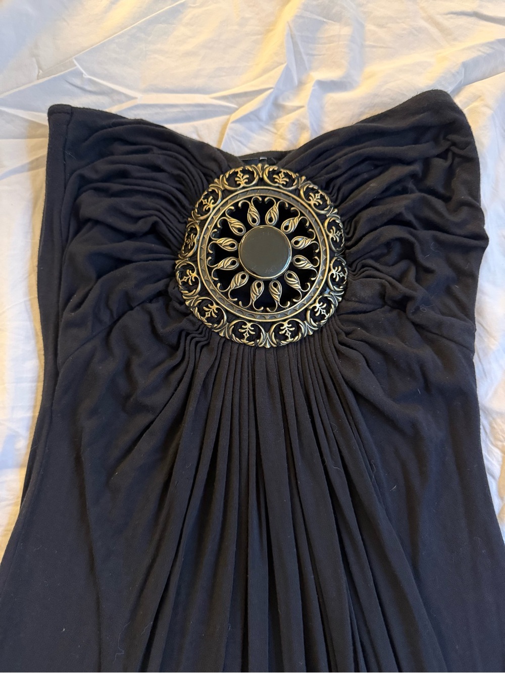 Sky Strapless Black Dress with Decorative Gold Medallion